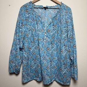 Talbots Women 100% Cotton Top 2X Blue Medallion Print Henley Peasant Bohemian